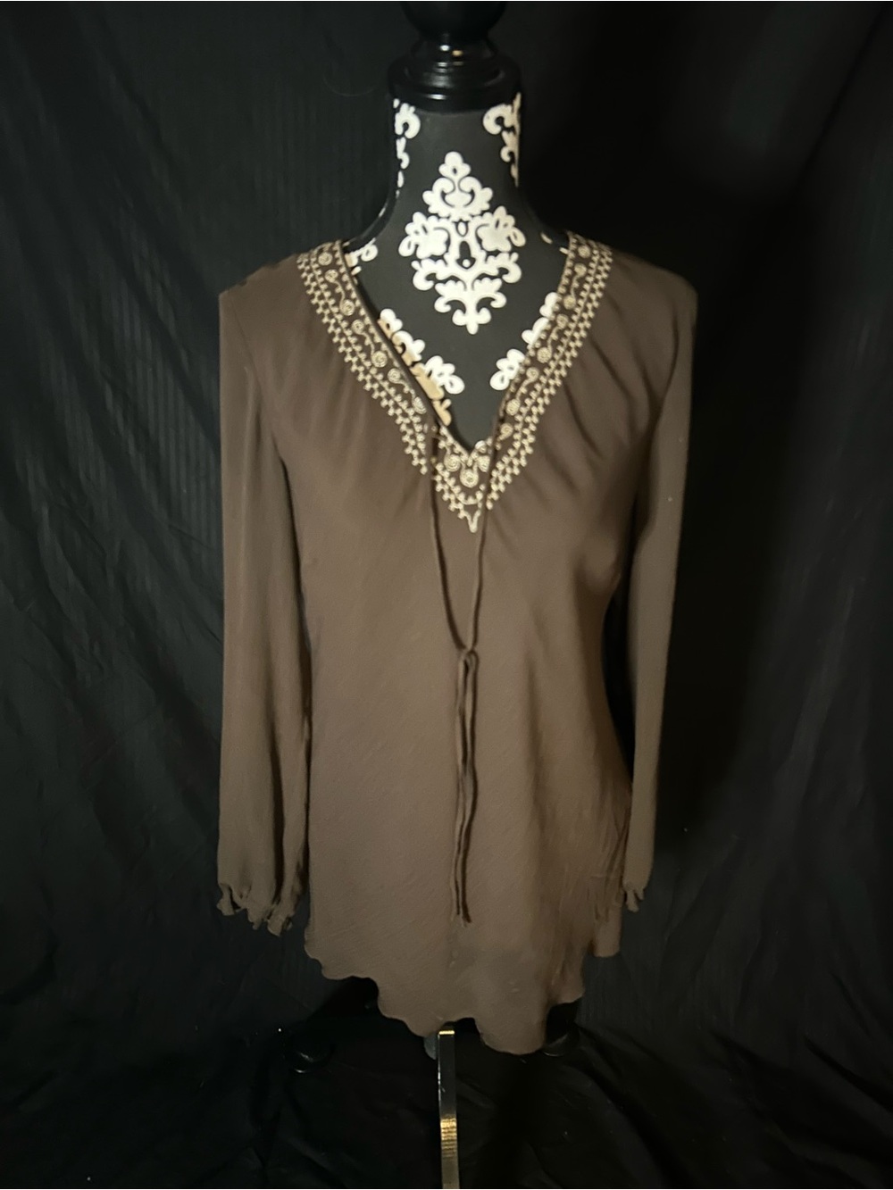Style & Co. Brown V-Neck Tunic with Cream Embroidery